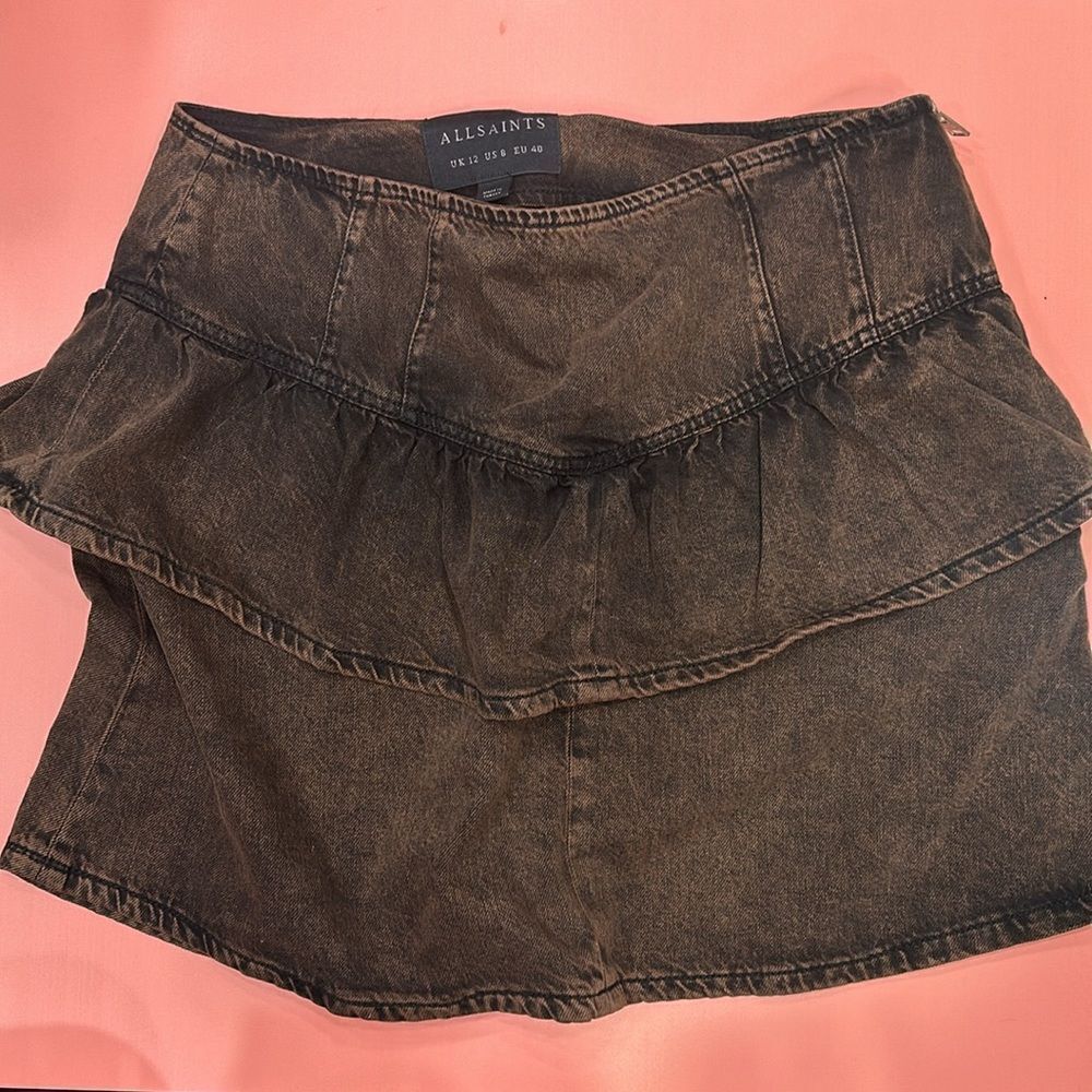 Retro stunning AllSaints mini peplum denim skirt in a washed magenta